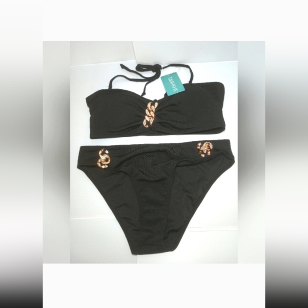 Tashehe Bandeau Ripped With Chains Two Piece Bathing Suit. Black. Large